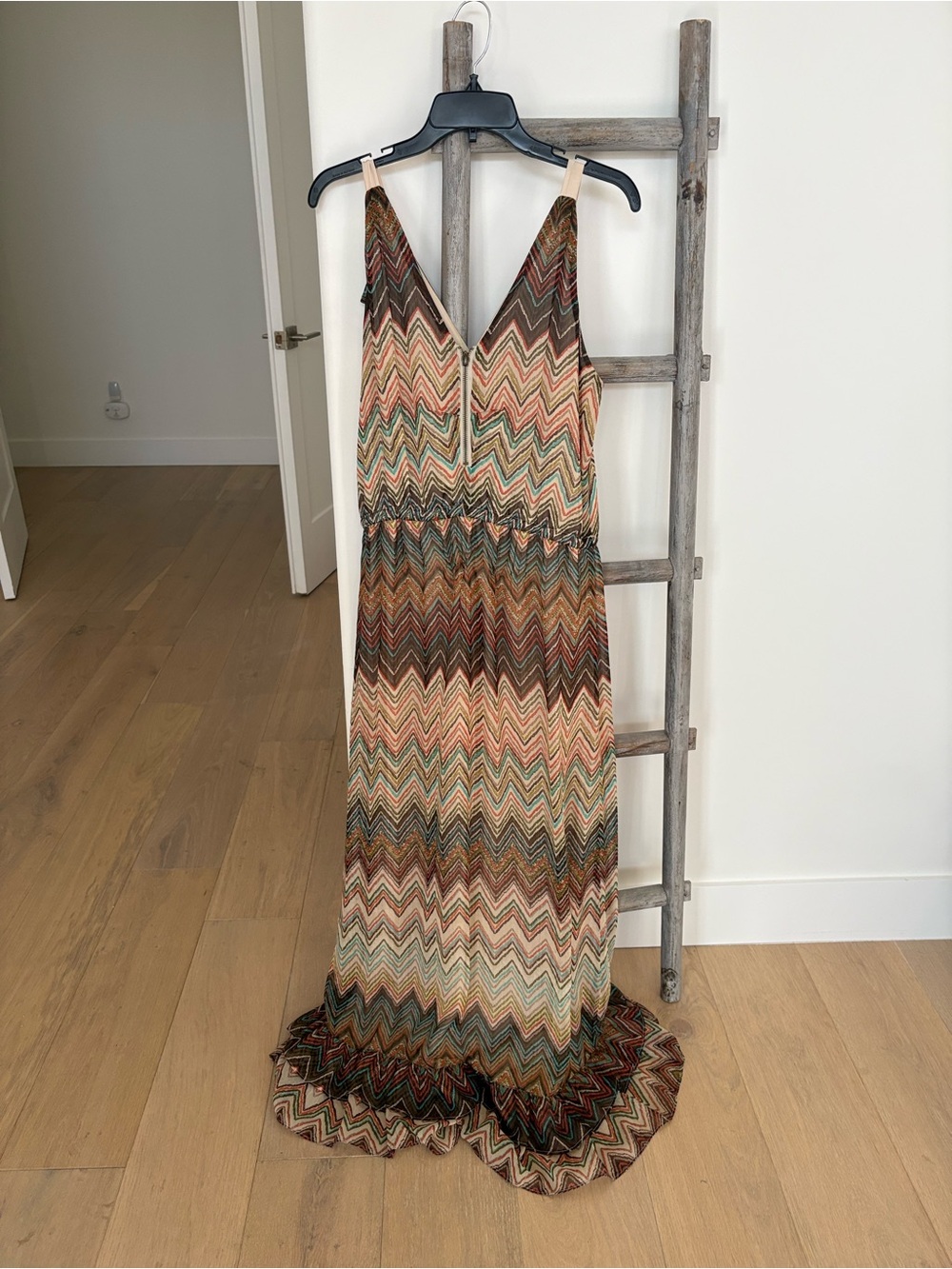 Multi-Color Chevron Ruffle Maxi Dress with Drawstring Waist - Picture 8 of 8